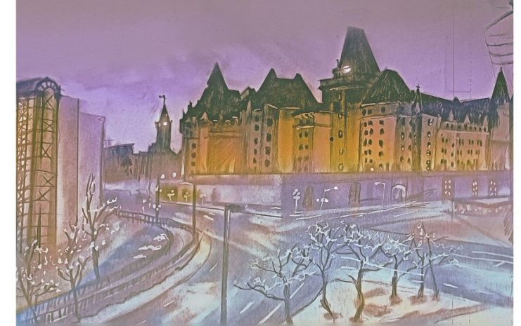 An illustration of the Chateau Laurier, a famous building downtown Ottawa