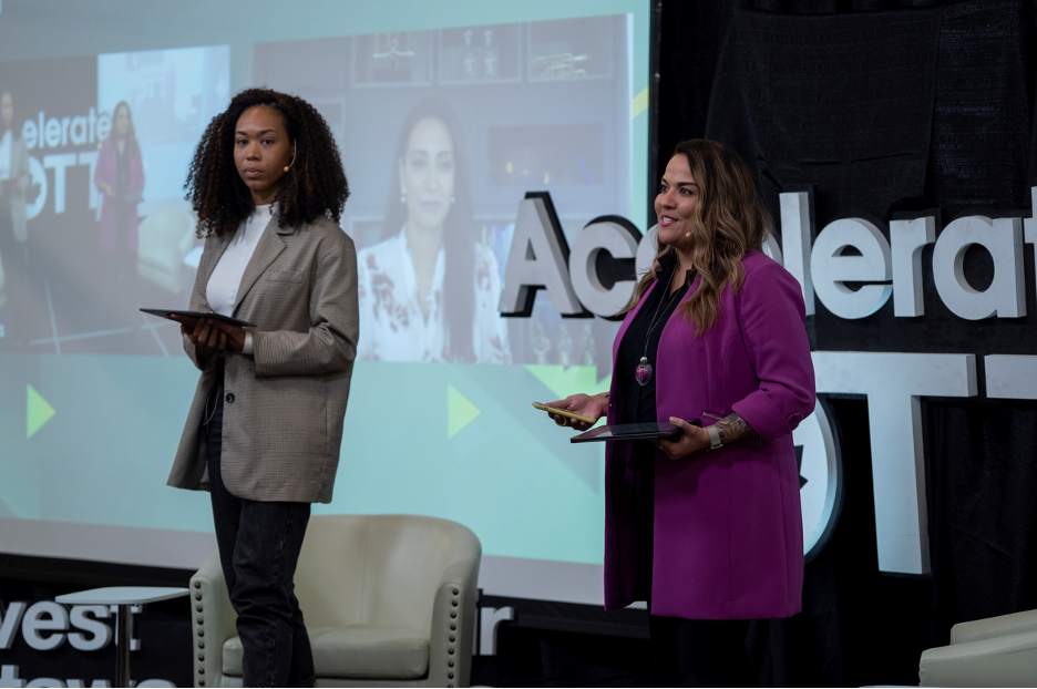 Shavonne Hasfal-McIntosh and Karla Briones speaking on stage at AccelerateOTT Hybrid