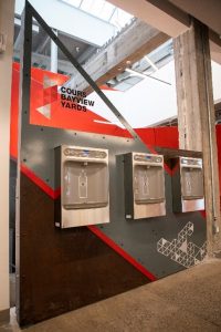 Three water refill stations are built into the wall and stand ready to provide hydration at Bayview Yards