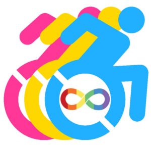 A graphic image, showing the design of a person racing, seated in a wheelchair , offset in different colours, including blue, yellow and pink. In the middle of them is a rainbow infinity symbol. 