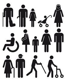 A gathering of public icons, including a man with a cane, a cast, a woman with a baby, a person seated in a wheelchair, a pregnant woman, and more expressing a variety of individuals 