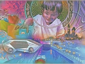 A brightly coloured digital design of a child seemingly playing with future technology. 